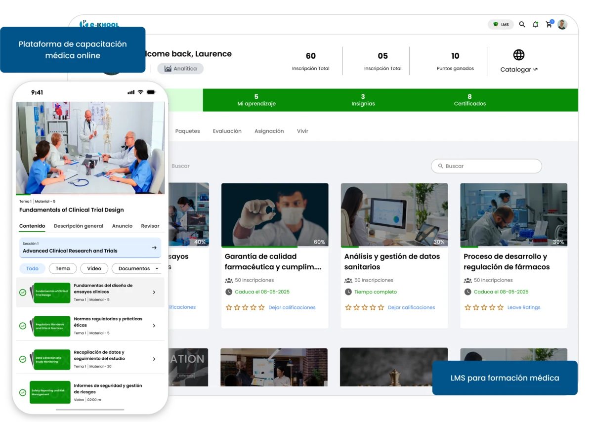 Capacitación médica online con módulos, evaluaciones y trazabilidad completa.