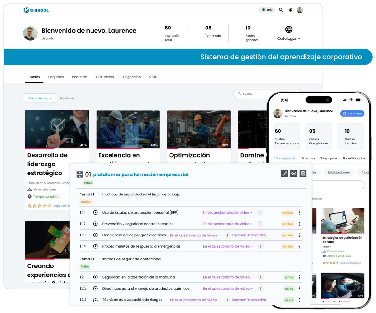 Formación empresarial con cursos, roles, evaluaciones, reportes y automatización