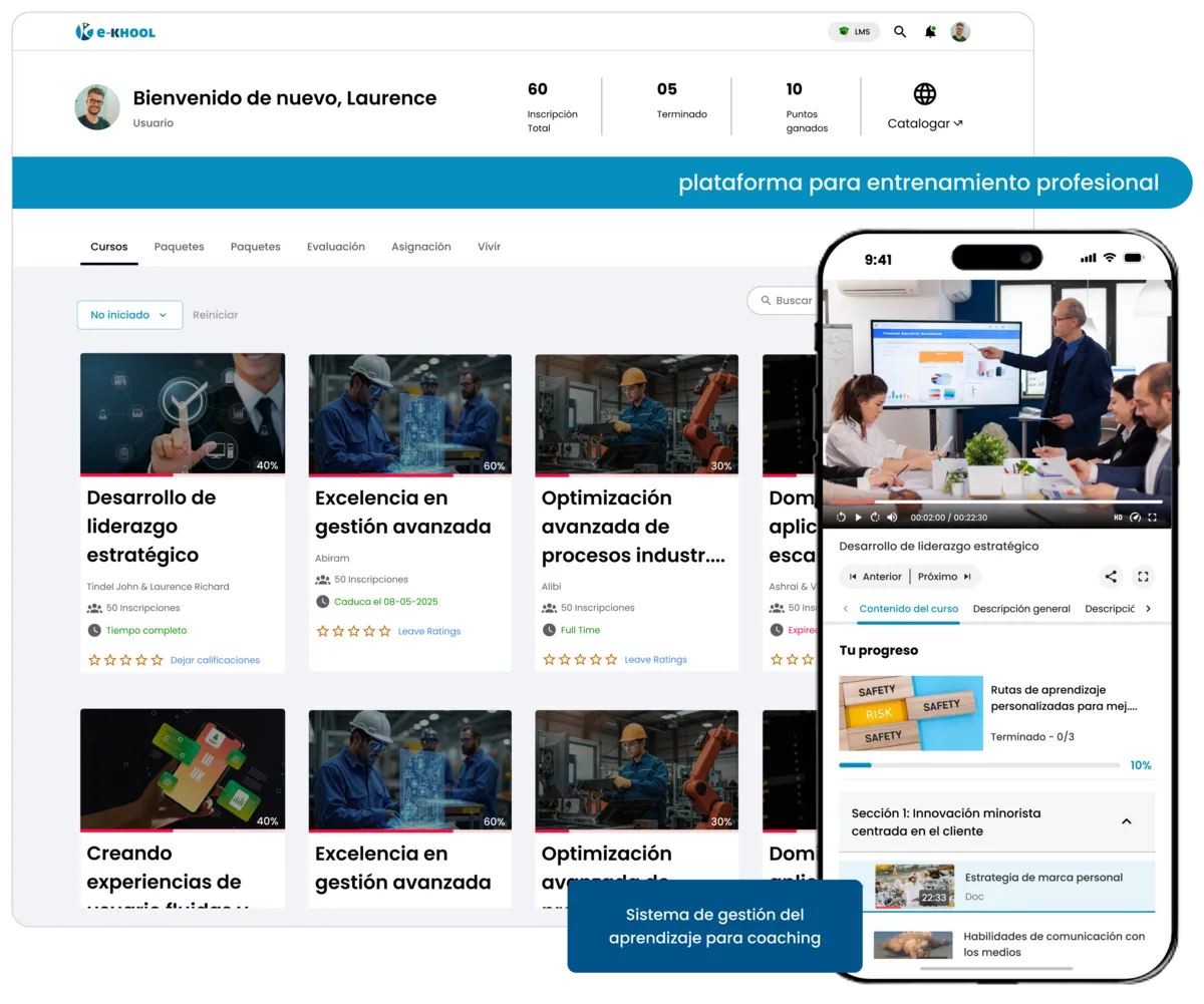 Entrenamiento profesional con sesiones, contenidos, tareas, progreso y certificados