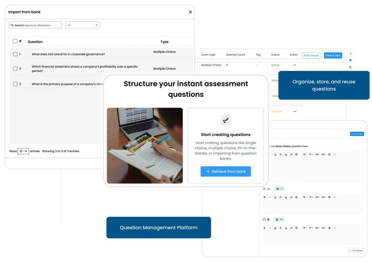 Quizzes and games in an interactive examination management system for engaging learners