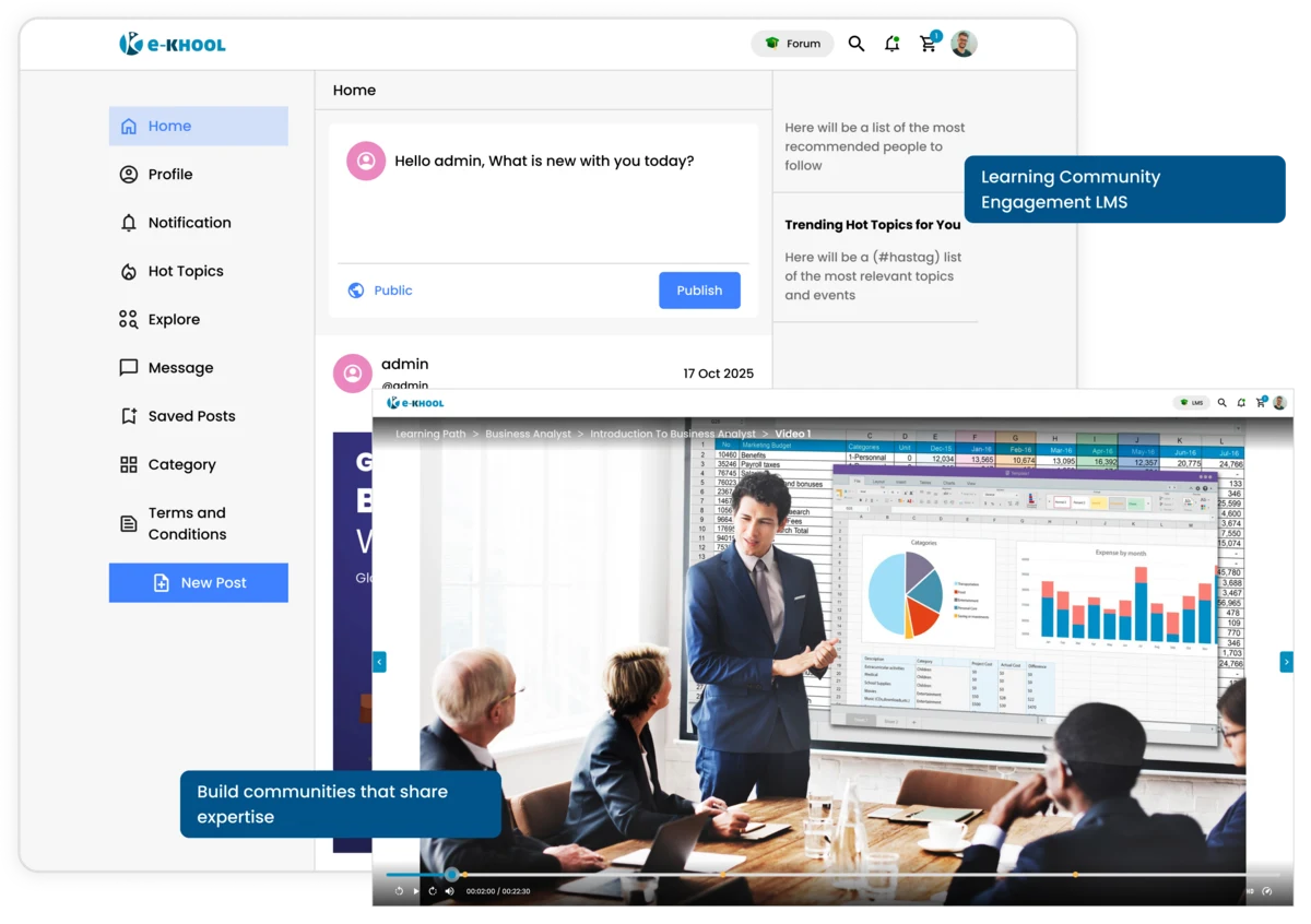 LMS with open knowledge sharing, and teamwork through forums and social tools