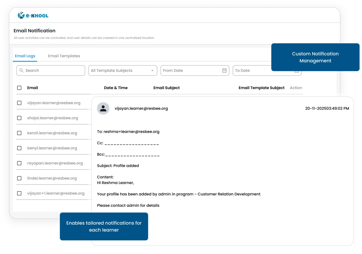 Custom notification management tools for live LMS communication