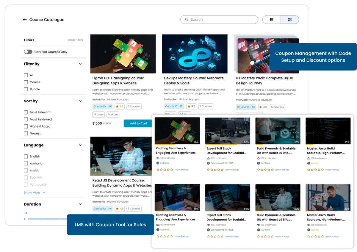 LMS with coupon tools to drive sales, discounts, and learner engagement.