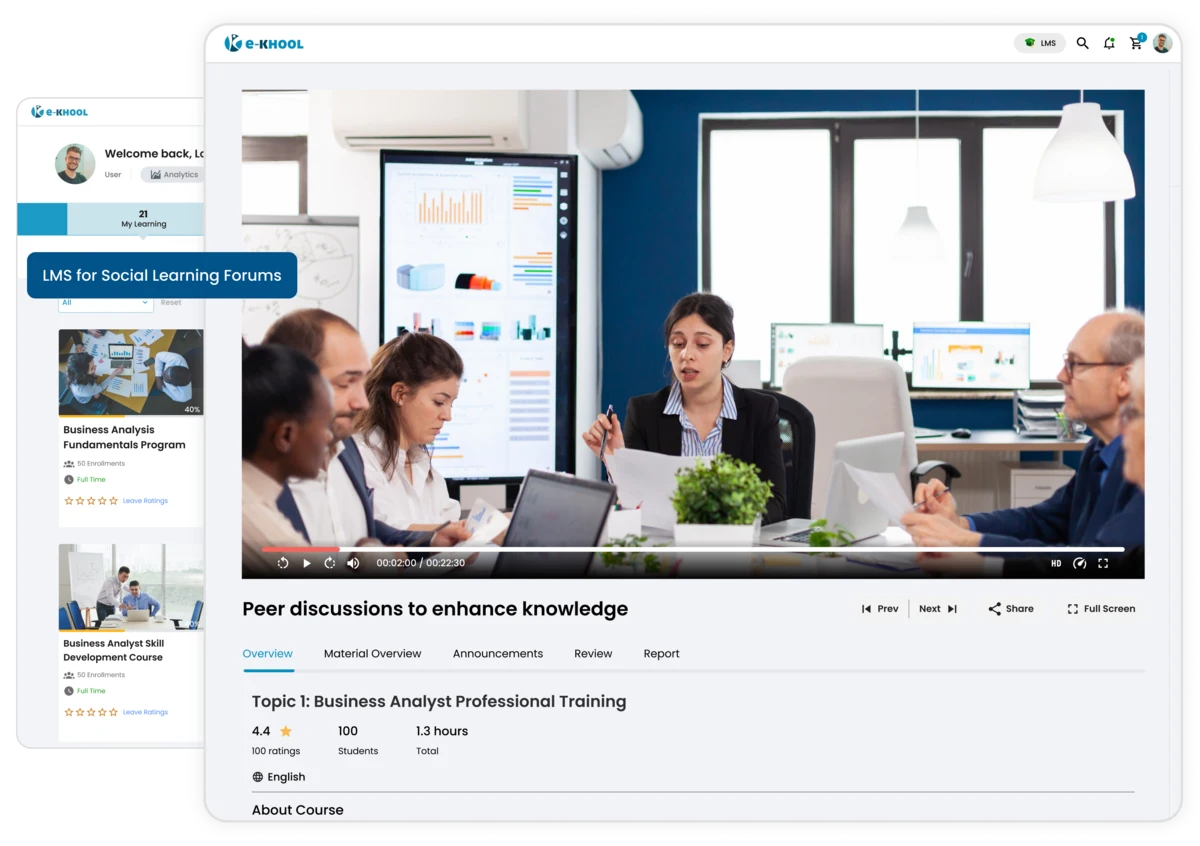 e-KHOOL LMS enables social learning and collaboration via forums, groups, chats, and interaction methods to engage learning.