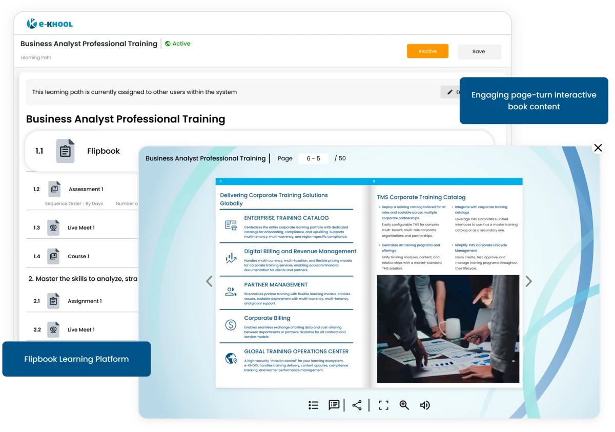 Learners experiencing virtual interactive learning through digital flipbook modules