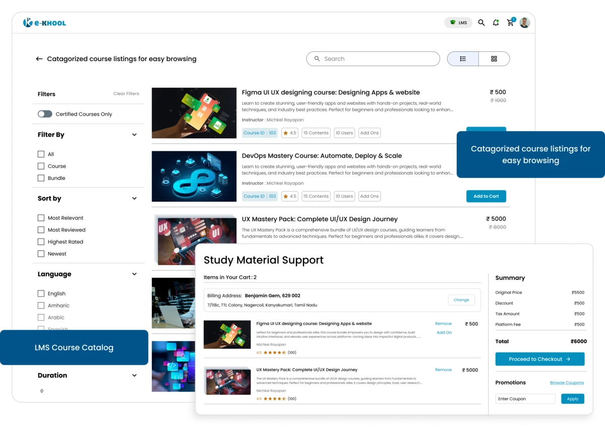 LMS platform for organized course listings on web portal