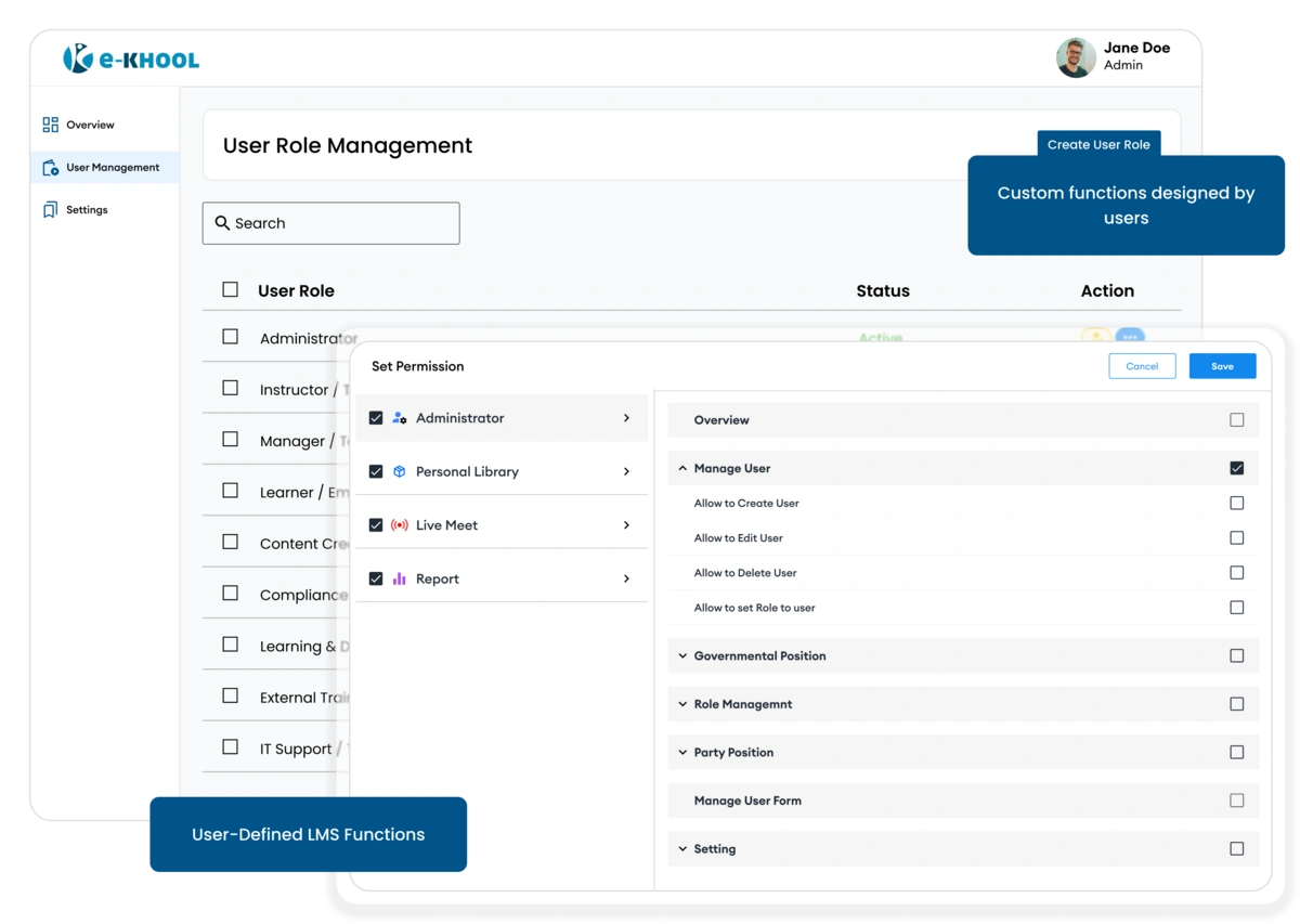 Define user roles with clear functions to streamline access, improve security, and simplify LMS administration for institutions and teams