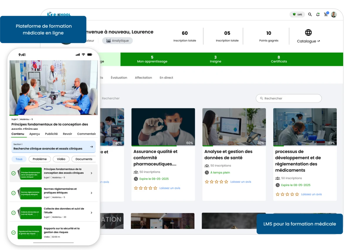 LMS santé pour formation médicale en ligne, modules, évaluations, conformité