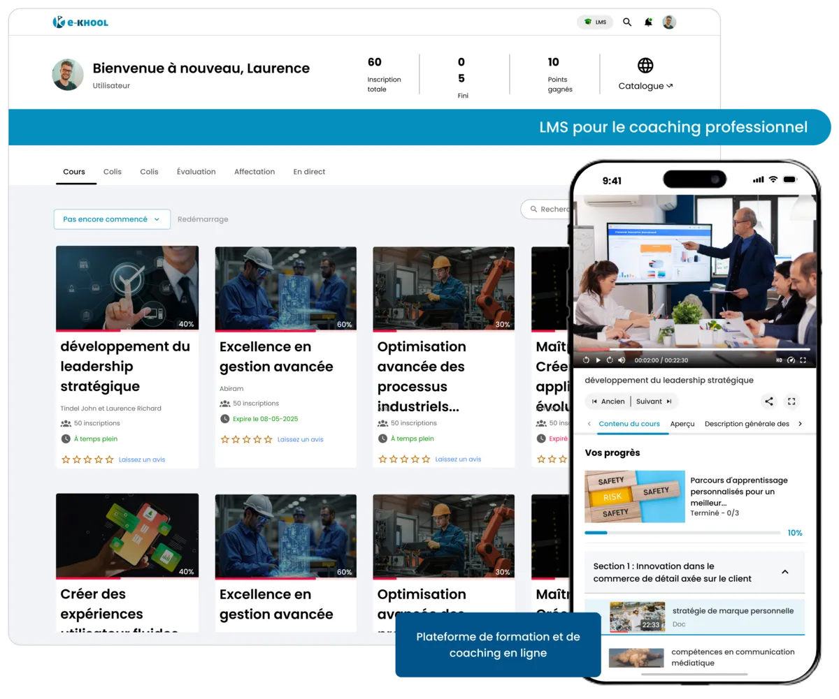 LMS coaching : mentorat en ligne avec séances, objectifs, ressources, retours et progression