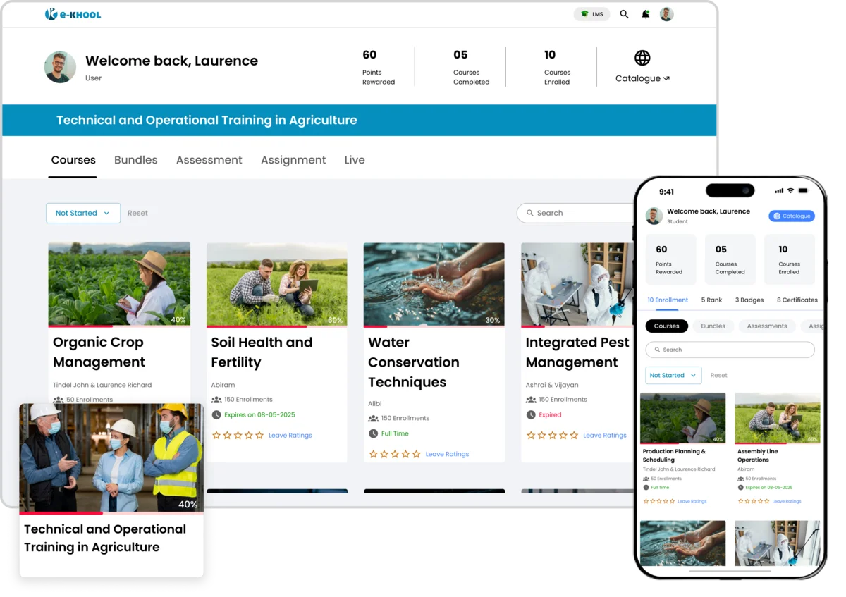 LMS in agriculture industry offers modules on crop management, irrigation, soil health, pest control, and equipment handling