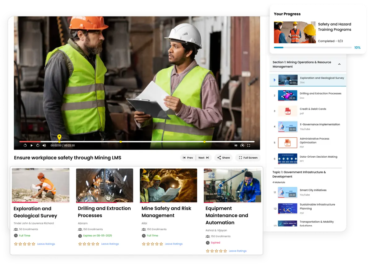 Safety procedures training modules with e-KHOOL LMS for mining industry workforce