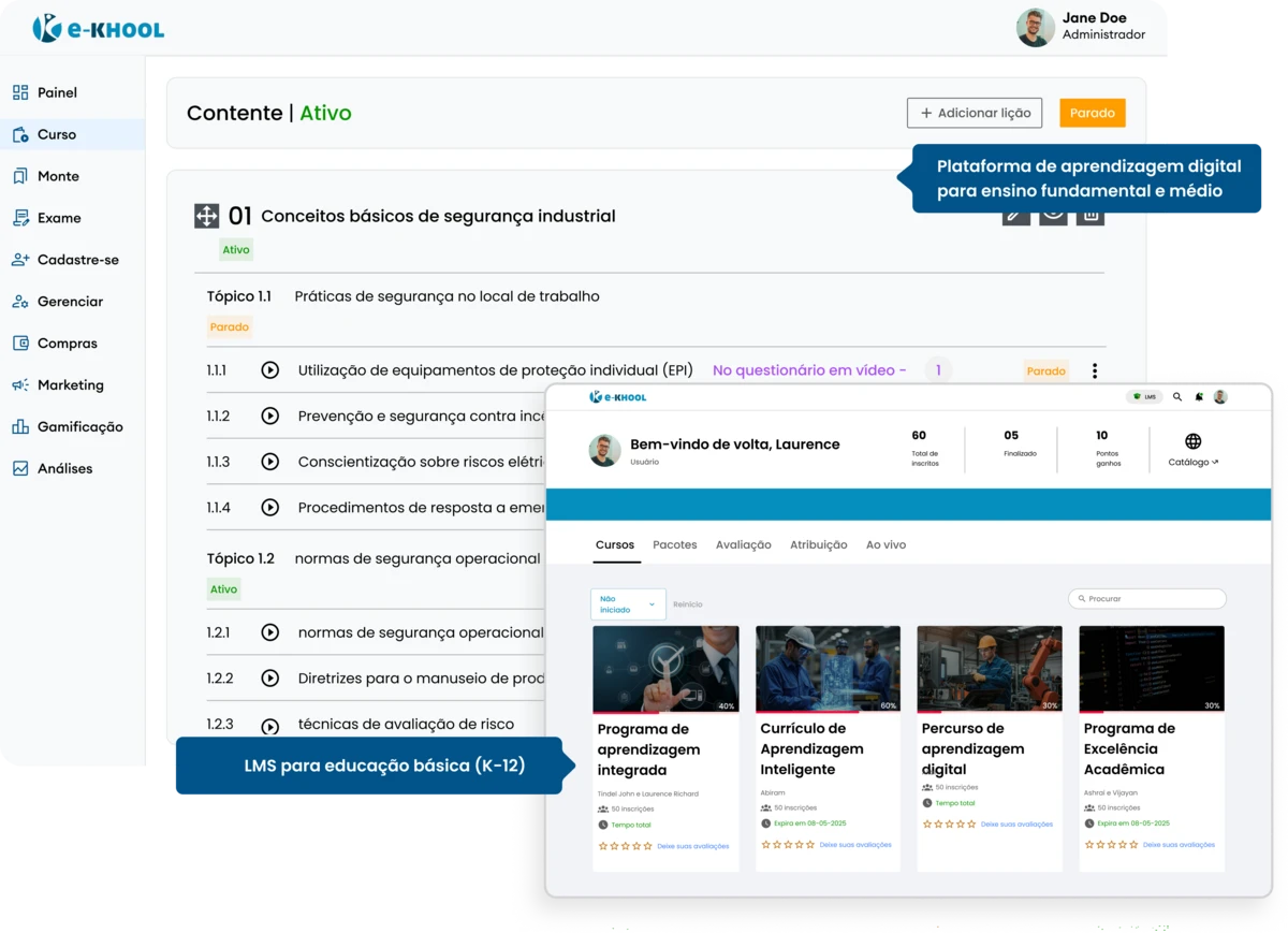 LMS completo para educação básica (K-12), apoiando escolas, professores e alunos